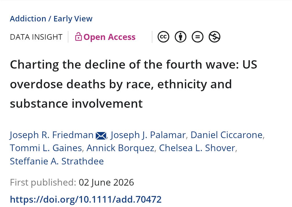 JosephRFriedman's tweet photo. Out now in @AddictionJrnl:

We find that the fourth wave of the overdose crisis (fentanyl plus stimulants) declined for the first time in 2024, but deaths involving stimulants, deaths involving xylazine, and racial disparities remain growing issues

https://t.co/cVHFwbP5fF https://t.co/tox1iYkrAy
