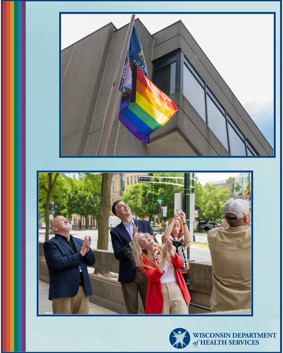 DHSWI's tweet photo. Proud to raise the Progress Pride Flag in front of the building we share with our @WIWorkforce partners. The flag is being flown at all state agencies this June, recognizing the importance of ensuring everyone feels welcomed, safe, included. Happy #Pride🌈Month, Wisconsin! https://t.co/c3VinmjcpY