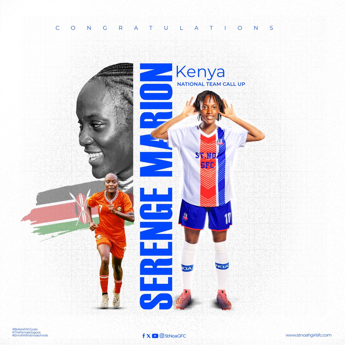 GfcNoa's tweet photo. Congratulations @marionserenge on your  National Team call up 🇰🇪 It’s testament to your hard work, dedication, and determination. We #TheBellesWithGoals  incredibly proud of you go and make us proud.

@StNoaSchools
@SCVillaJogoo
@Kamira_Asha
@FUFAWSL 
@StarletsKE 
#TheFemaleJogoos #enrollwithstnoaschools