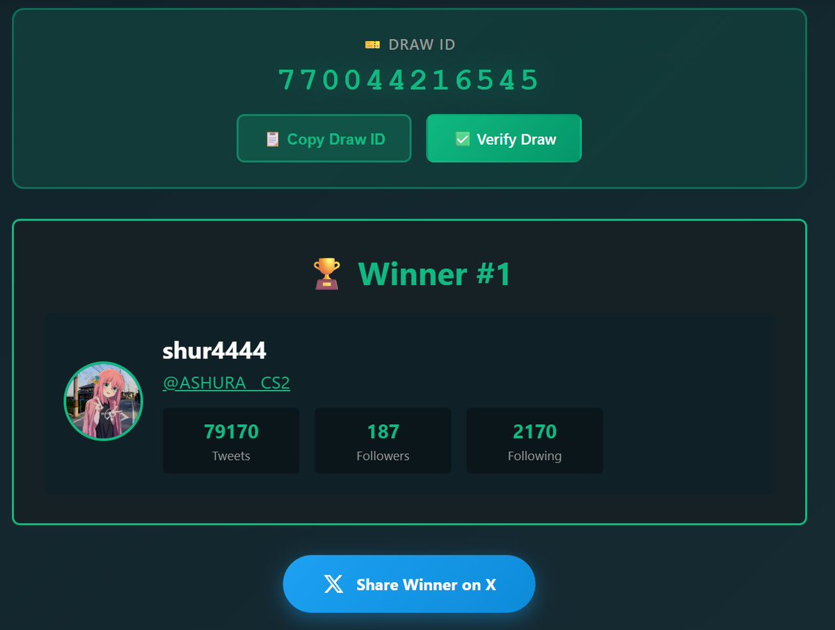 KlexaCS2's tweet photo. Winner🏆:

@ASHURA__CS2

Please DM Me With Your Proof to Claim Your Prize, You Have 24 Hours!⏰

Draw ID : 770044216545 https://t.co/SzQrcxbzF3