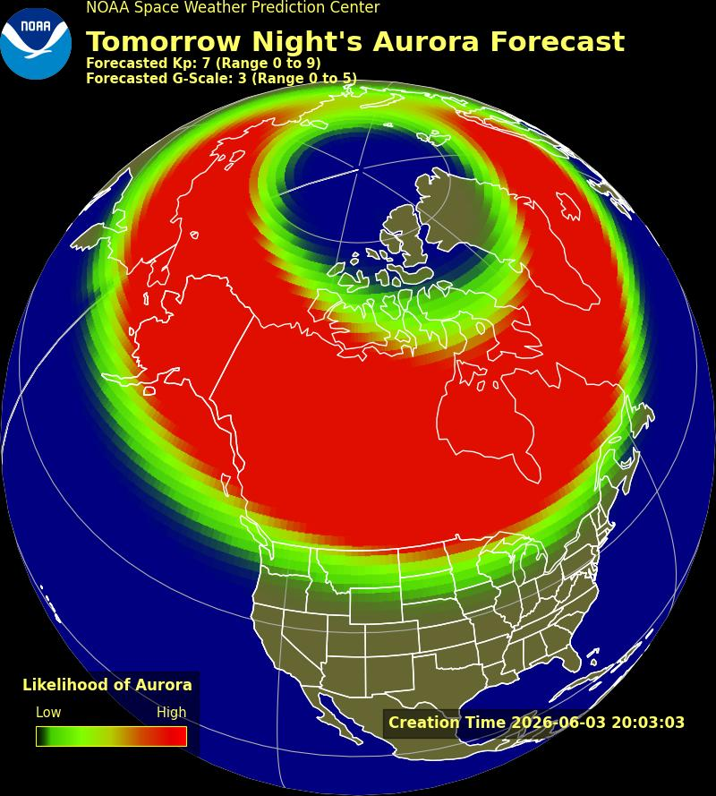 weather_buffalo's tweet photo. NOAA SWPC is predicting a KP7 on a scale of 0-9 tomorrow night! https://t.co/k6M6Cn2D5q