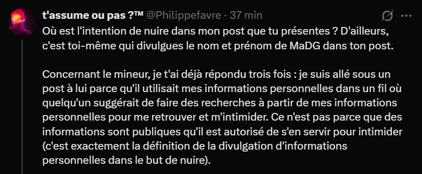 ChamsPlus's tweet photo. "Ce n'est pas parce que des informations sont publiques qu'il est autorisé de s'en servir pour intimider"

Hey Philippe tu veux que j'ressors les tweets où tu menaces d'contacter ma mère pour m'intimider ? 🤭 https://t.co/87csxtafS0
