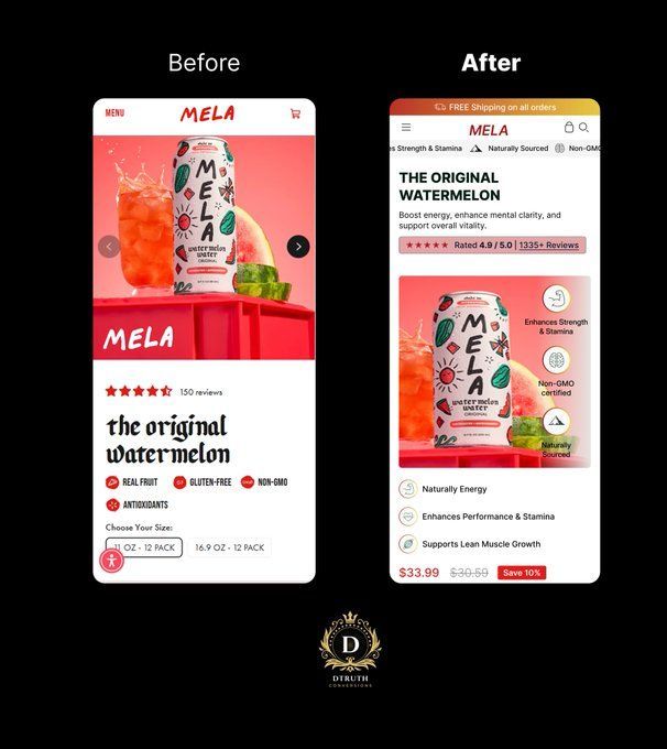 Frontend_Prince's tweet photo. Beverage brand mobile PDP = 1,456% conversion explosion.

Before: Carousel layout with basic info
After: Benefit-stacked trust architecture

The strategic shifts:
1. Free shipping banner (removes friction instantly)
2. Triple trust badges (strength, sourcing, certification)
3. Strikethrough pricing + savings badge (10% off)
4. Icon-based benefit visualization (clock, leaf, brain)
5. Credibility-first headline (THE ORIGINAL WATERMELON)
6. Rating prominence (4.8/5.0 + 1335+ reviews visible immediately)
7. Clean benefit hierarchy (naturally energy, performance, lean muscle)

Functional beverages sell benefits + proof, not just flavor.I design + develop trust-optimized mobile PDPs (Figma → Custom Shopify Code) where every element builds confidence from scroll one.

Beverage brand? DM

#ShopifyDevelopment #CRO    #FunctionalBeverages #MobileOptimization #FigmaDesign #ProductPageDesign #CustomDevelopment #BeverageMarketing #ShopifyExperts #CPGBrands