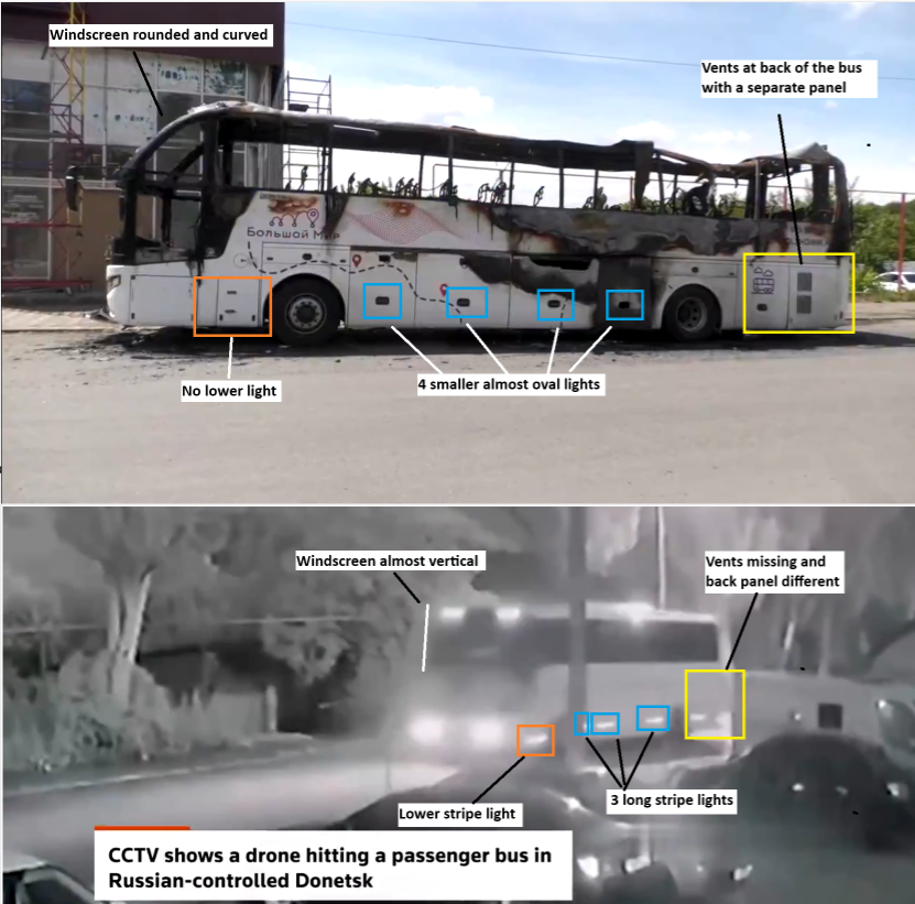 raging545's tweet photo. Just thought I would cut the debate on this claim by Russia that Ukraine struck a bus killing 7 or 8 and wounding 11 people. Firstly its Russia presenting "facts" and secondly its two different buses. https://t.co/LoyVsqtt2t