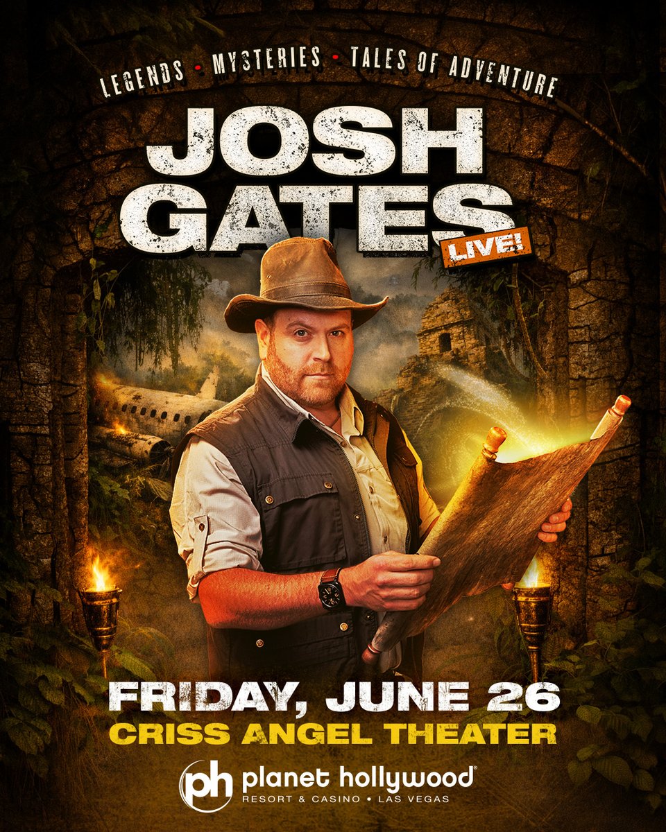 PHVegas's tweet photo. We’re just weeks away from the return of Josh Gates to the Criss Angel Theater. Get ready as Josh takes audiences around the world and far off the map, with stories from his greatest expeditions. 🙌 

📅 Friday, June 26th
🔗 https://t.co/ac6OWGZ7EQ https://t.co/TrlcQjDphV
