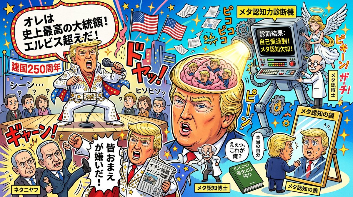 SORATOMO's tweet photo. 他責自賛に陥るトランプ氏ら指導者には、自身を俯瞰する「メタ認知力」の診断が必要だ。

40マス+末尾句点
中小企業診断士2次試験対策
日経春秋：令和8年6月4日(木)版
#春秋要約 #sjyouyaku #日経春秋 https://t.co/yud2LwCoOM