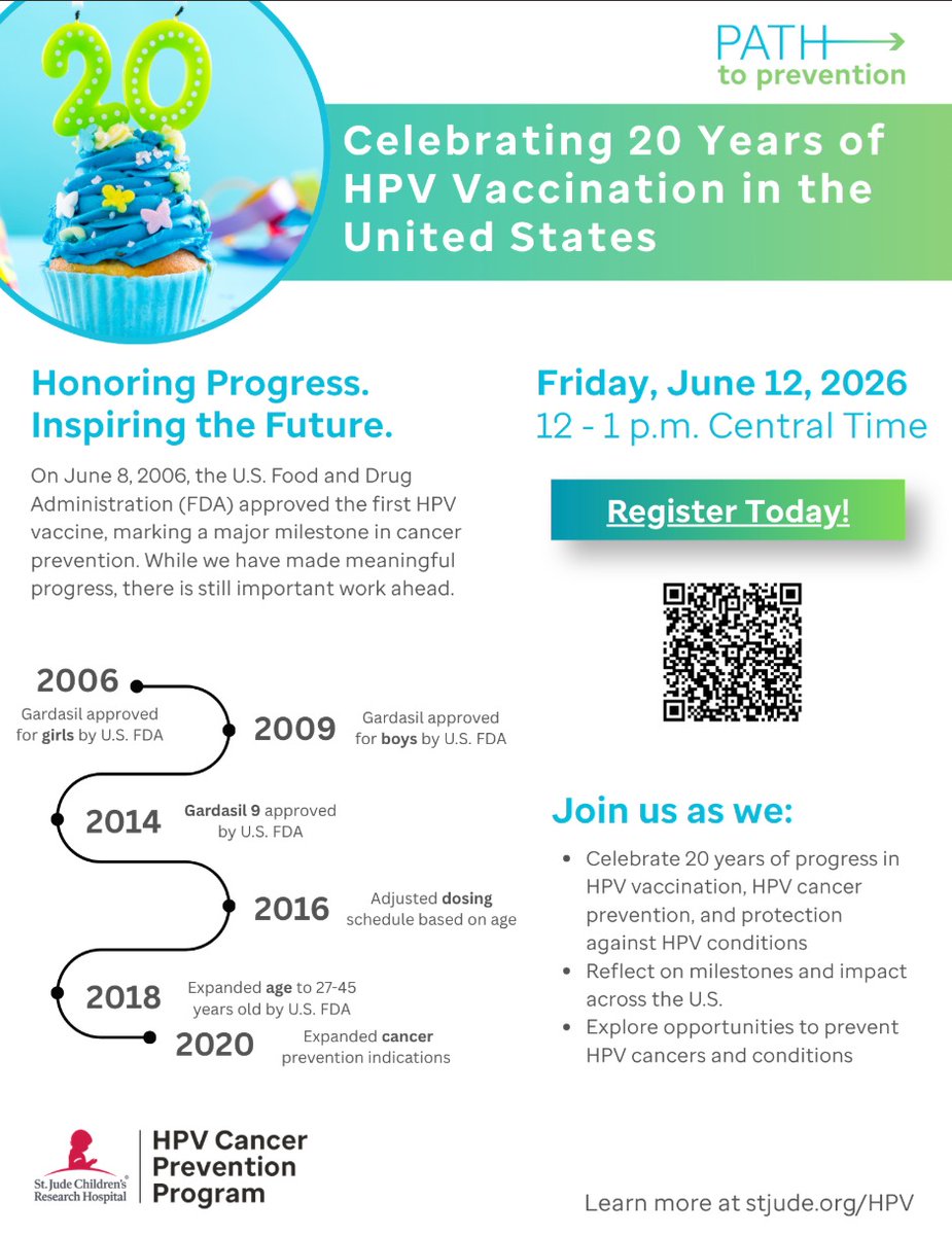 HPVCancerFreeGA's tweet photo. 20 years ago, the FDA approved the first HPV vaccine — a landmark moment in cancer prevention. 🎉

Join @StJude's Path to Prevention on June 12 to celebrate the progress made and the work still ahead.

📅 Friday, June 12 | 12–1 PM CT
🔗 https://t.co/NrHUFG28iY https://t.co/H4SjyBequH
