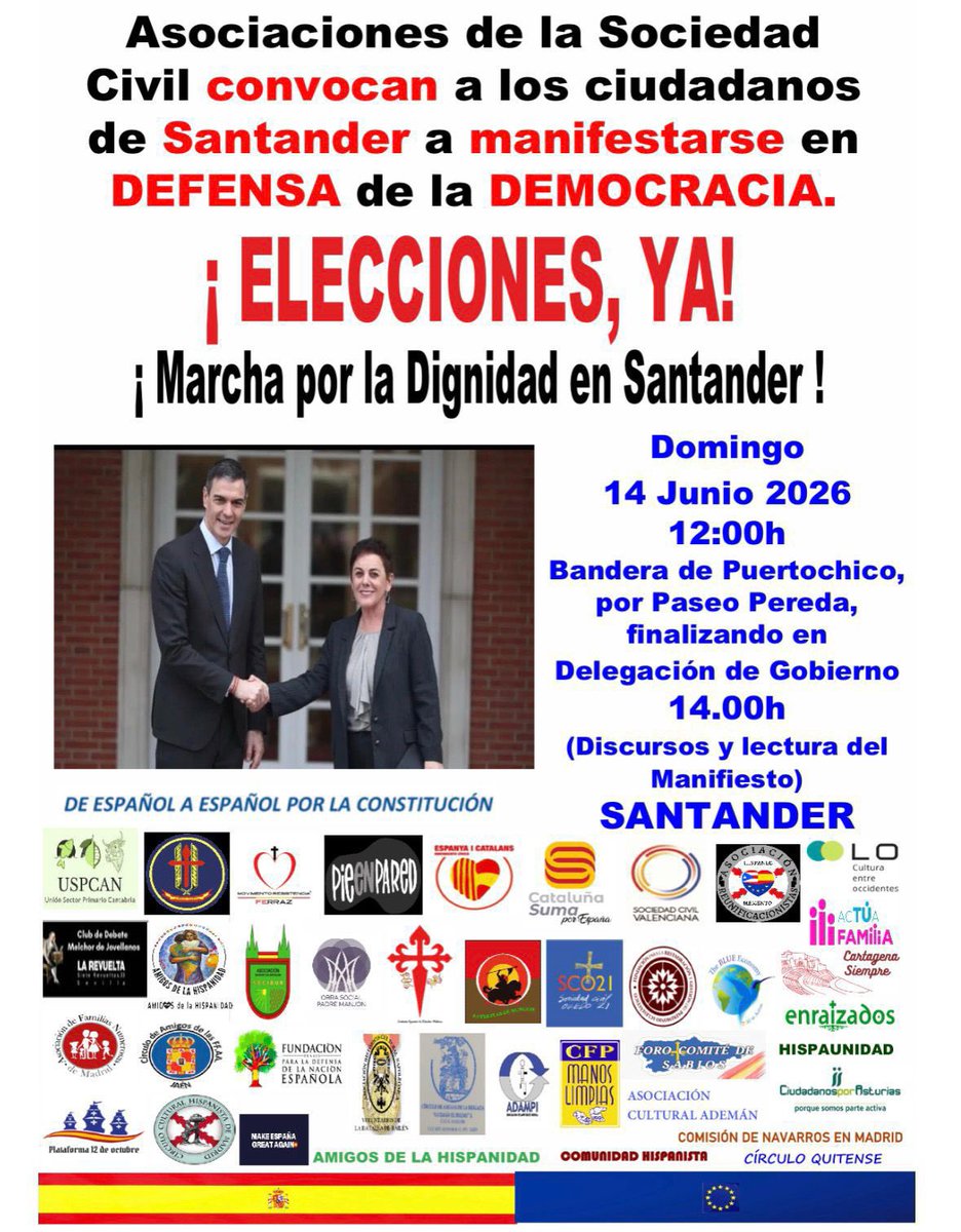 GalernaPress's tweet photo. 🚨 #ÚltimaHora | Asociaciones de la sociedad civil cercanas a @ppcantabria y @Vox_Cantabria convocan la Marcha por la Dignidad en Santander el 14 de junio. Salida a las 12:00 desde Puertochico por Paseo Pereda hasta la Delegación de Gobierno. Lema: "¡Elecciones, ya!".

📸 RRSS https://t.co/0a5POYBtPb