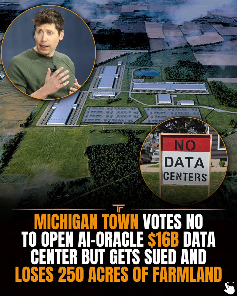 JesterJum's tweet photo. Saline, Michigan (population under 3,000 and mostly agricultural) became the proposed site for an OpenAI and Oracle data center nicknamed "Stargate".

In September, the township board voted 4-1 to deny the project. The planning commission had already recommended against allowing the data center.

Roughly 24 hours after that vote, the developer sued the tow ship under an "exclusionary zoning" theory.

Saline Township has an annual budget of around d $1 million, so it could not realistically afford a long court battle against a multi-billion dollar developer.

So, they settled and were forced to allow a large data center to move forward on part of their agricultural land. 

Thoughts on this? Yay or nay towards datacenters?