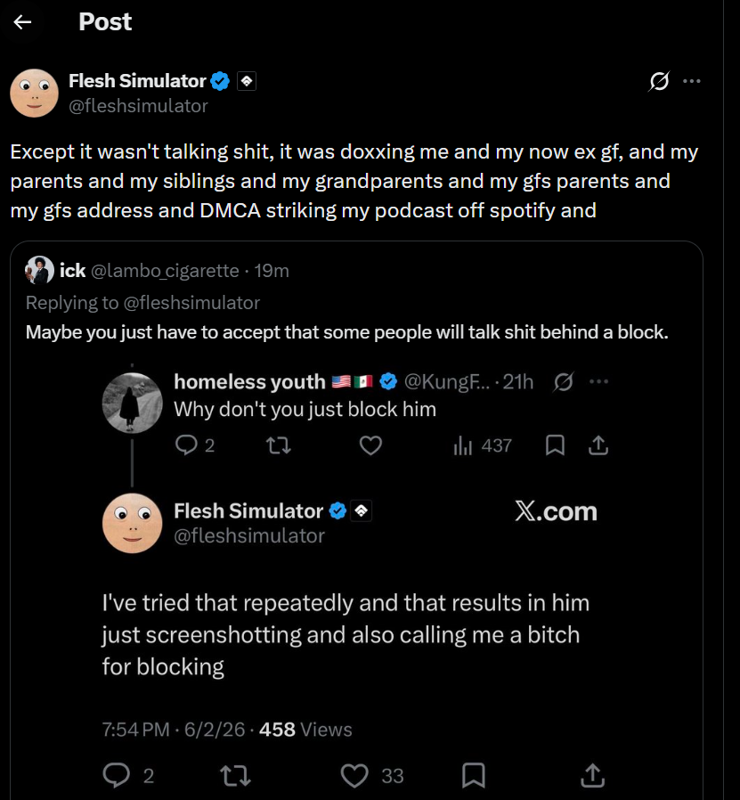 PurgedMaoist's tweet photo. He has zero proof of any of this. The only thing he's repeatedly proving is that "Mrs. Simulator" was Never his "common law wife" and they Never lived together. Keep posting about me behind the block tough guy it makes you look really strong🤍
@fleshsimulator https://t.co/FNgI07PKEL