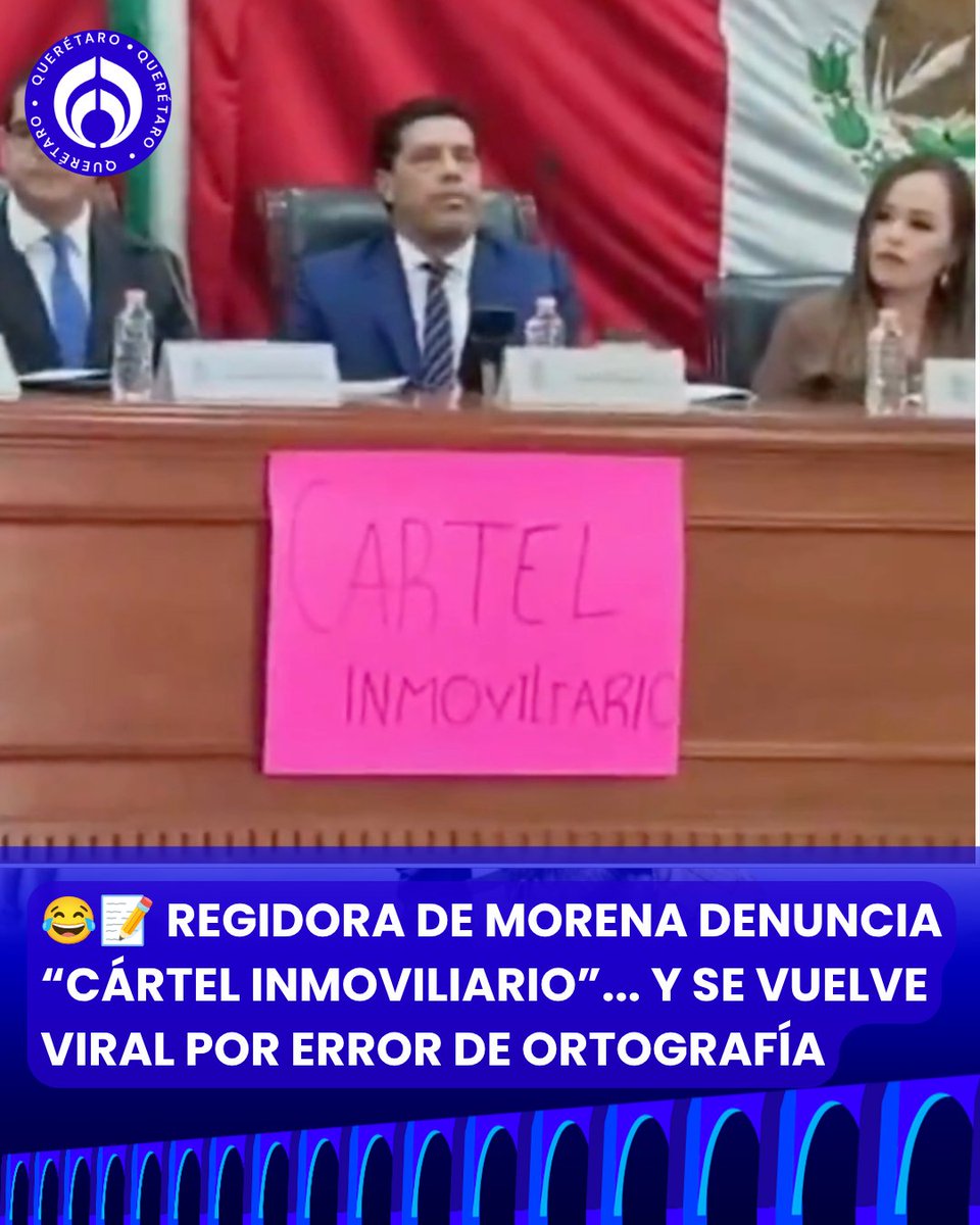 RadioFormulaQro's tweet photo. 📚🚨 Se busca con urgencia un diccionario para combatir al “cártel inmoviliario”.

La regidora de Morena, Martha Márquez, intentó denunciar un presunto cártel inmobiliario durante una sesión de Cabildo en Aguascalientes, pero una letra de más terminó convirtiendo su protesta en meme.