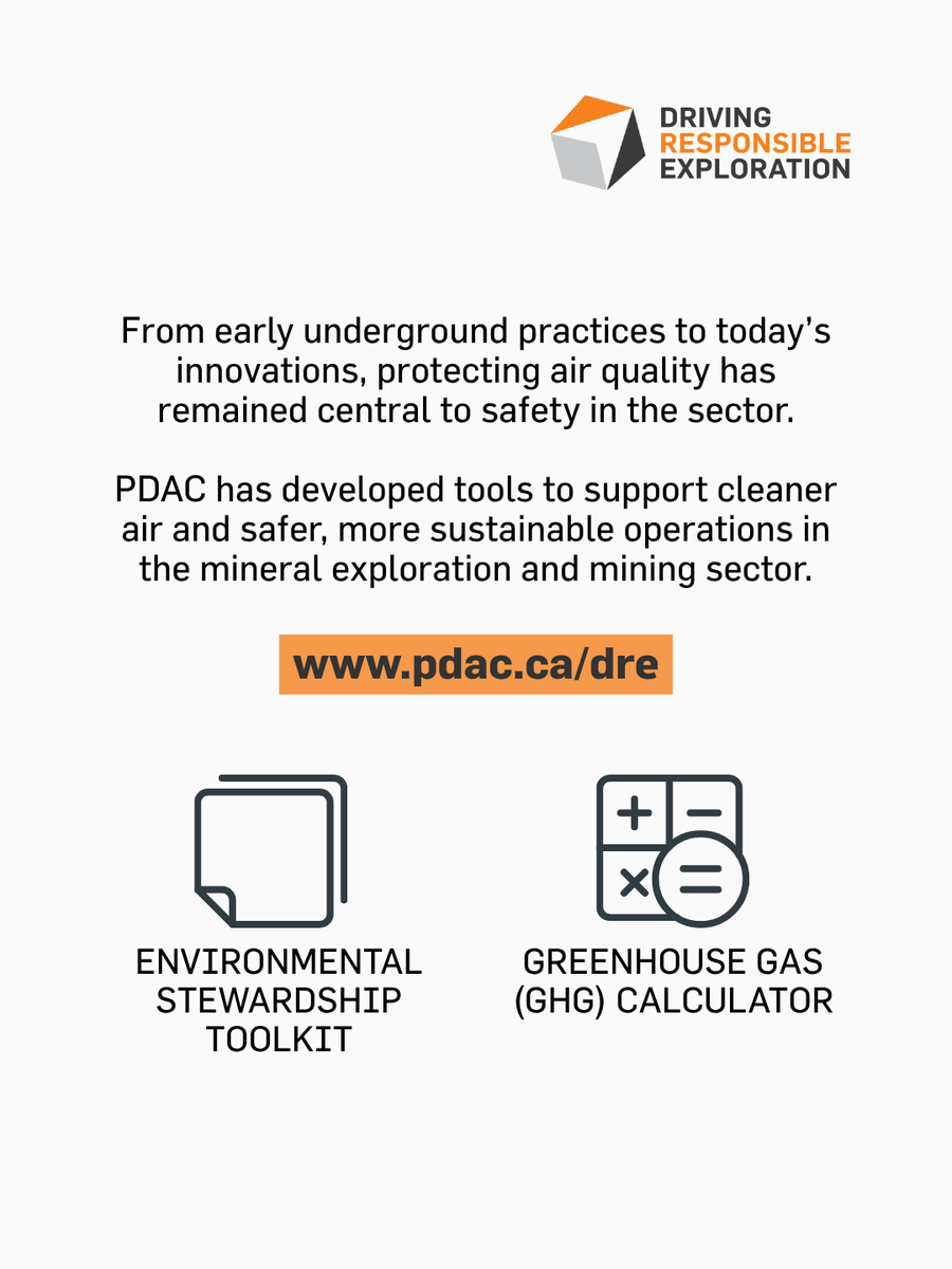 the_PDAC's tweet photo. The “canary in the coal mine” once warned workers when air conditions had already become dangerous. Today, the mineral industry has more tools, technology, and knowledge than ever to proactively protect air quality and worker health. But there is still more to do, especially as demand grows for the minerals needed to reduce emissions via technologies like electric vehicles, batteries, renewable energy systems, and emissions reduction infrastructure.

Responsible mineral exploration can play a role by both discovering those critical mineral deposits and improving dust control, monitoring particulate matter and hazardous gases, reducing diesel emissions, incorporating lower-carbon technologies, and planning proactively for air quality impacts from the earliest stages of development.

#CleanAirDay