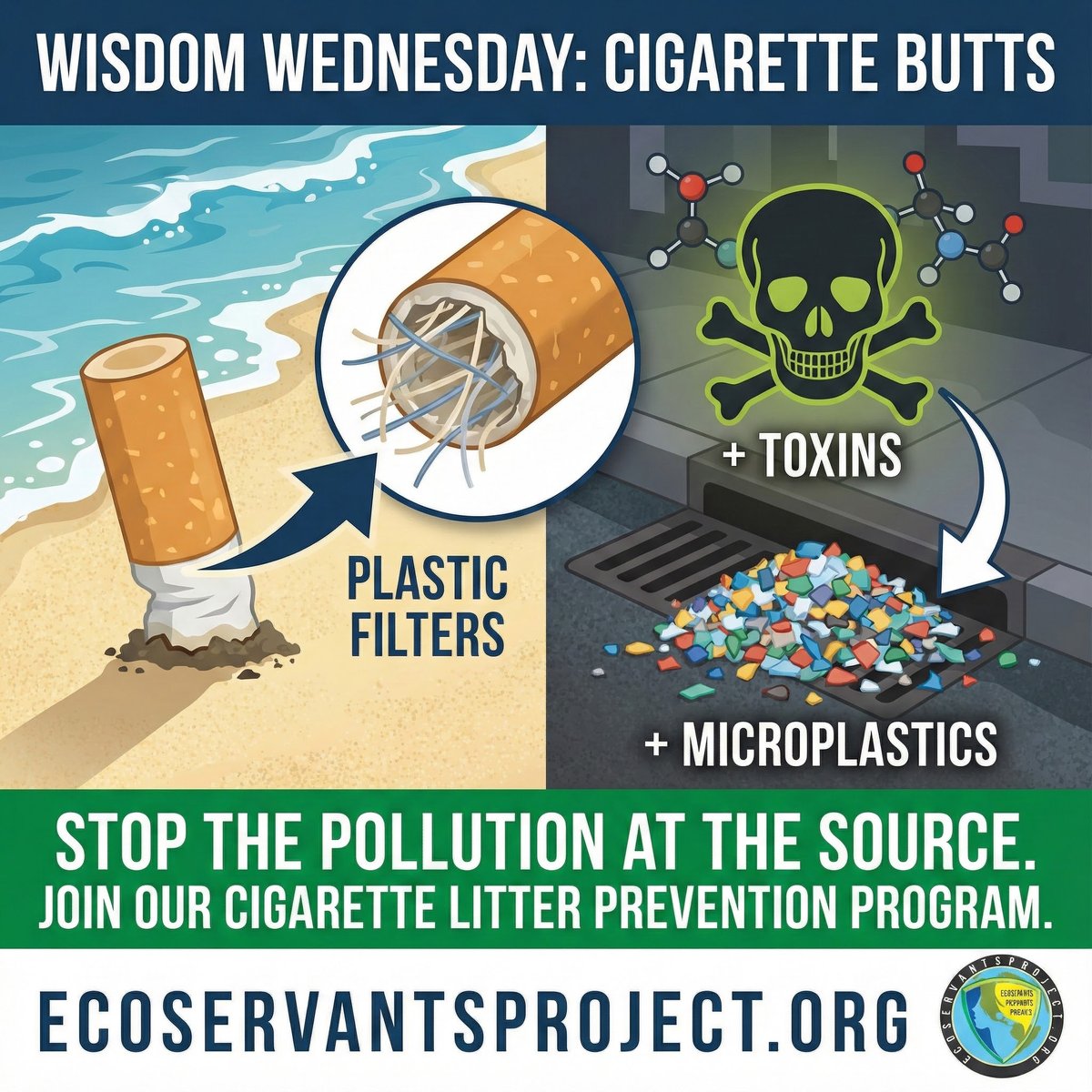 eco_servants's tweet photo. 🌎 Wisdom Wednesday

🚬 cigarette butts are the most littered item in the world.

☣️ toxic chemicals
🌊 water pollution
🐦 wildlife impacts
♻️ plastic-based filters

Small litter. Big consequences.
https://t.co/yc6LJKljjb

#EcoServants #WisdomWednesday #CigaretteLitter #EnvironmentalAction