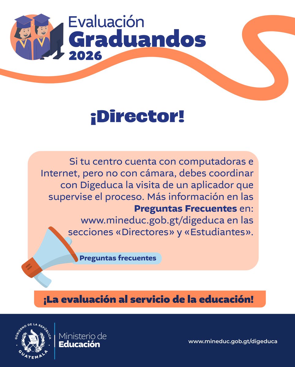 DigeducaMineduc's tweet photo. ¡Director!
Si tu centro cuenta con computadoras e Internet, pero no con cámara, debes coordinar con Digeduca la visita de un aplicador que supervise el proceso.
Más información en las preguntas frecuentes:
 https://t.co/dKkj5XBAsz en las secciones «Directores» y «Estudiantes». https://t.co/x4uxr5zMv0
