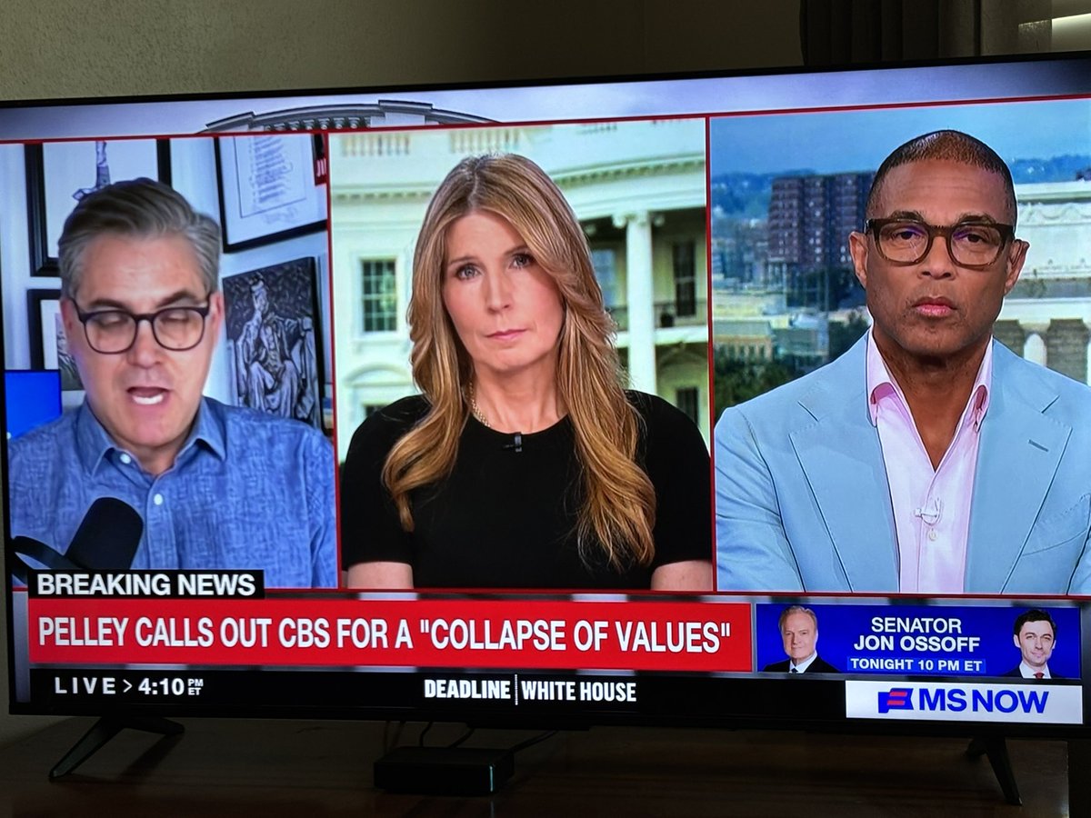 DoctorDouglive's tweet photo. The 3 people who pushed years worth of  hoaxes are crying on @MSNBC today, telling us that Trump pushed for Scott Pelley firing🤯 saying on air that DJT is a threat to democracy for shutting down MSM liars Good riddece https://t.co/ilvIonZxAK