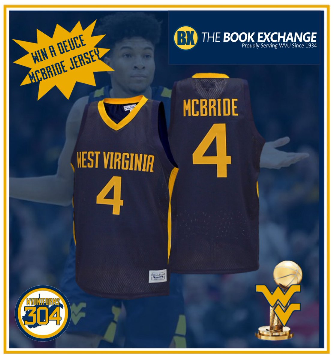 WVUniforms304's tweet photo. 🚨BOOK EXCHANGE GIVEAWAY!🚨

In honor of Deuce McBride making the NBA Finals, The Book Exchange is giving away a FREE McBride jersey!

To enter:
✅ Follow @WVUniforms304
✅ Repost this post
✅ Comment how many points, rebounds, and assists Deuce will have in Game 1

Closest wins! https://t.co/glNu3EviGP