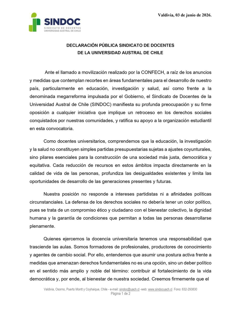 SindocUach's tweet photo. 🔴📣 Hoy, miércoles 03 de junio de 2026, compartimos con ustedes nuestra declaración pública sobre el llamado a movilización realizado por la CONFECH.

#Valdivia #PuertoMontt #Osorno #Coyhaique https://t.co/T4SleBxd2M