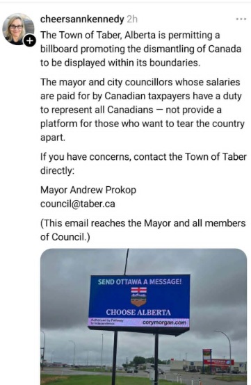 CoryBMorgan's tweet photo. Cancel culture clowns in Alberta are trying to get a legally purchased, simple ad with the Alberta flag pulled from digital billboards. 

Be sure to donate to my TPA at https://t.co/NuD3pZH2US so we can put even more billboards up. https://t.co/nrA3HmQ0P4
