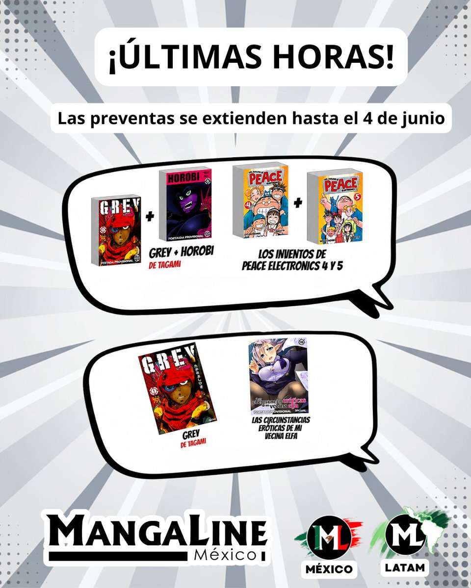 MangaLineMX's tweet photo. ⏰🔥 ¡Últimas horas!

Las preventas y packs especiales de MangaLine México estarán disponibles hasta el 4 de junio.

⚙️ GREY
🍑 Vecina Elfa
⚙️👺 Pack GREY + HOROBI
⚡ Pack Peace Electronics 4 y 5

🧵👇 https://t.co/eY3Qlo7Fcf