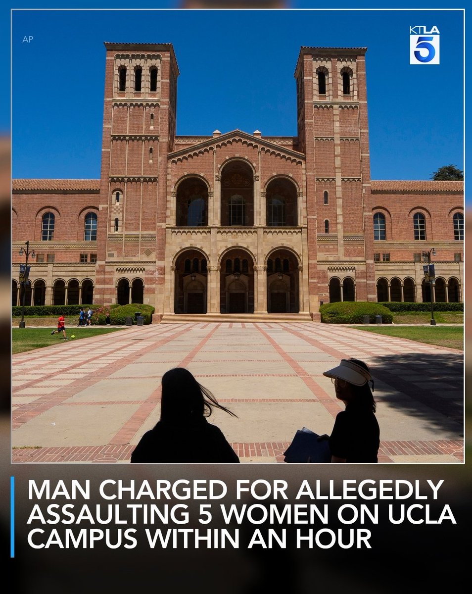 KTLA's tweet photo. A 29-year-old man has been charged for the alleged violent assault of five different women on the UCLA campus, four of them students, within the span of an hour. https://t.co/RtwhGQa4NK https://t.co/mkFZrt9Xjc