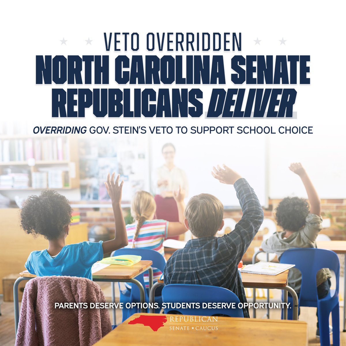 MyNCSenate's tweet photo. VETO OVERRIDDEN.

Senate Republicans just overrode Gov. Stein’s veto of HB 87, the Educational Choice for Children Act.

Families deserve options. Students deserve opportunity.

That’s 13 of Gov. Stein’s 15 vetoes overridden in the Senate. #ncpol #ncga https://t.co/xDqmVw8cX4