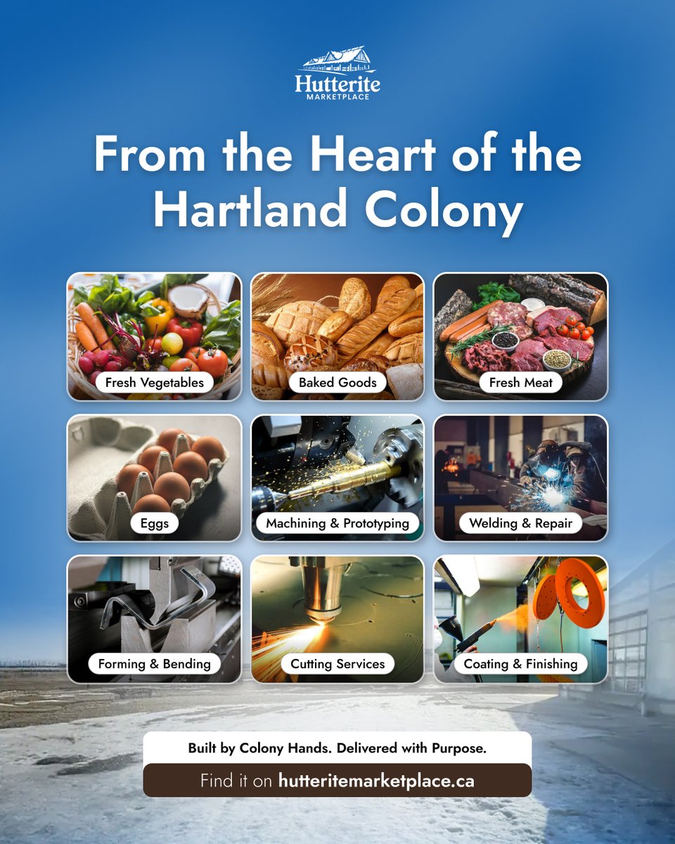HutteriteMarket's tweet photo. From fresh farm produce to precision metal work, Hartland Colony brings together quality you can trust, straight from the source.
👉 https://t.co/aD9HkZvAHh
#HutteriteMarketplace #FarmToTableCanada #MetalFabrication #BuyDirect #SupportLocalCanada #ColonyMade #CanadianProducers https://t.co/ua9gLViJfU