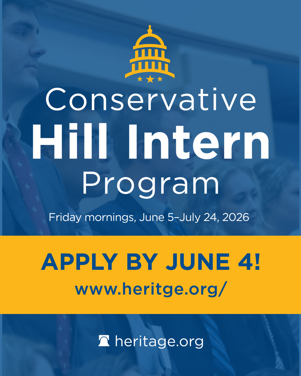 Heritage's tweet photo. LAST DAY: Make the most of your time on Capitol Hill by joining the Conservative Hill Intern Program (CHIP).

Each session brings you face-to-face with experts and peers who are serious about ideas, leadership, and impact. 
☕ Free breakfast provided 
📍 Weekly Friday mornings 
📅 June 5–July 24 

Apply by June 4: https://t.co/snTNS6Slxz