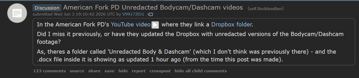 TheKinoGrove's tweet photo. Even more incompetence from the American Fork PD, Someone within the agency uploaded all the raw and un-redacted bodycam footage to the PUBLIC dropbox link they provided on the youtube video addressing the drama. The dropbox link is now down. expect the footage to leak soon. https://t.co/n5x0q5jfzy