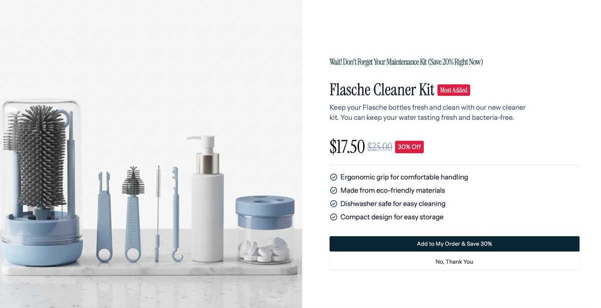 funnelish's tweet photo. 10% more upsell revenue is not a “growth hack.”
It’s margin recovery.

When you look at post-purchase offers that convert,
the pattern is obvious:

They don’t introduce a new buying journey.

They complete the one the customer already started.

Bought the bottle?
Add the cleaner kit.

Upsells work because they don’t ask for more effort.
Just one click, and you’re done.

It's a complementary offer, with more than one reason to say yes now.

When an upsell feels like fewer problems later,
that’s when it actually lifts AOV.