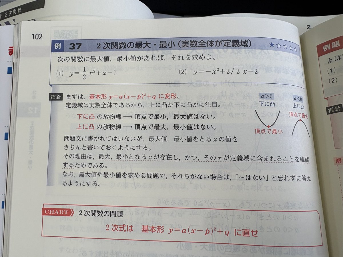 mimu_memorandum's tweet photo. 最大最小問題に便乗するけど、左はフォカゴで右は赤茶です👀

青茶は「xの値をなぜ書くのか」という部分が欠損してしまってますね。

逆に「最大や最小となるxの値が求められないケースだが、xの値が存在する」ことをどう説明すべきなのかを細かく掲載した参考書ってありますかね？ https://t.co/5Hvtp0YCJh