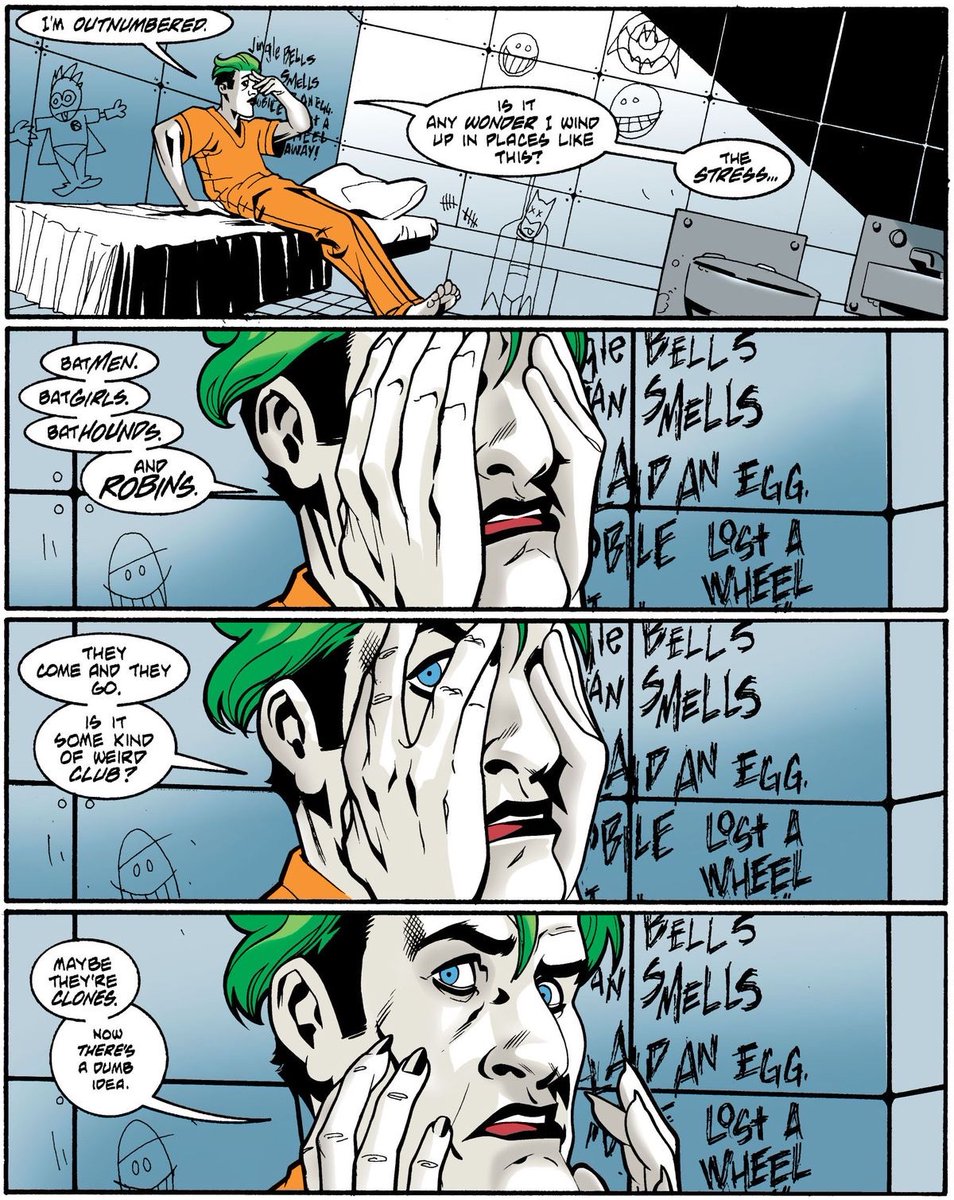 funhouse_joker's tweet photo. // Really love how Joker has moments like this, because yeah only HE could think Bruce is cloning Robin‘s all the fucking time. https://t.co/gL7LMAHqMX