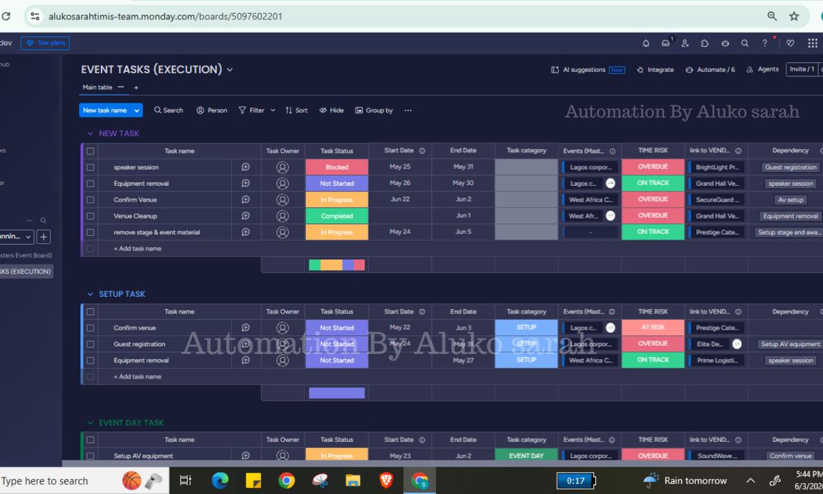 Adeifemi2022's tweet photo. Spreadsheets said everything was on track.

Event week said otherwise.

So I built a system where task deadlines automatically determine event health.

No surprises. No guesswork. Just visibility.

#aiautomation #mondayautomation #workflow #nocode  #lowcode  #airtable #make #ghl https://t.co/3aVx5BVSSH