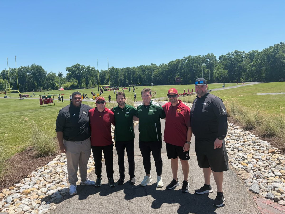CoachMikeLondon's tweet photo. WM FB staff members at the Washington Commanders camp today. Former WM QB Brent Caprio, now Pro Scout &amp; Joe Dowell former WM  opps asst. Great day of 🏈@WMTribeFootball @Commanders https://t.co/fjPKcTzbGg