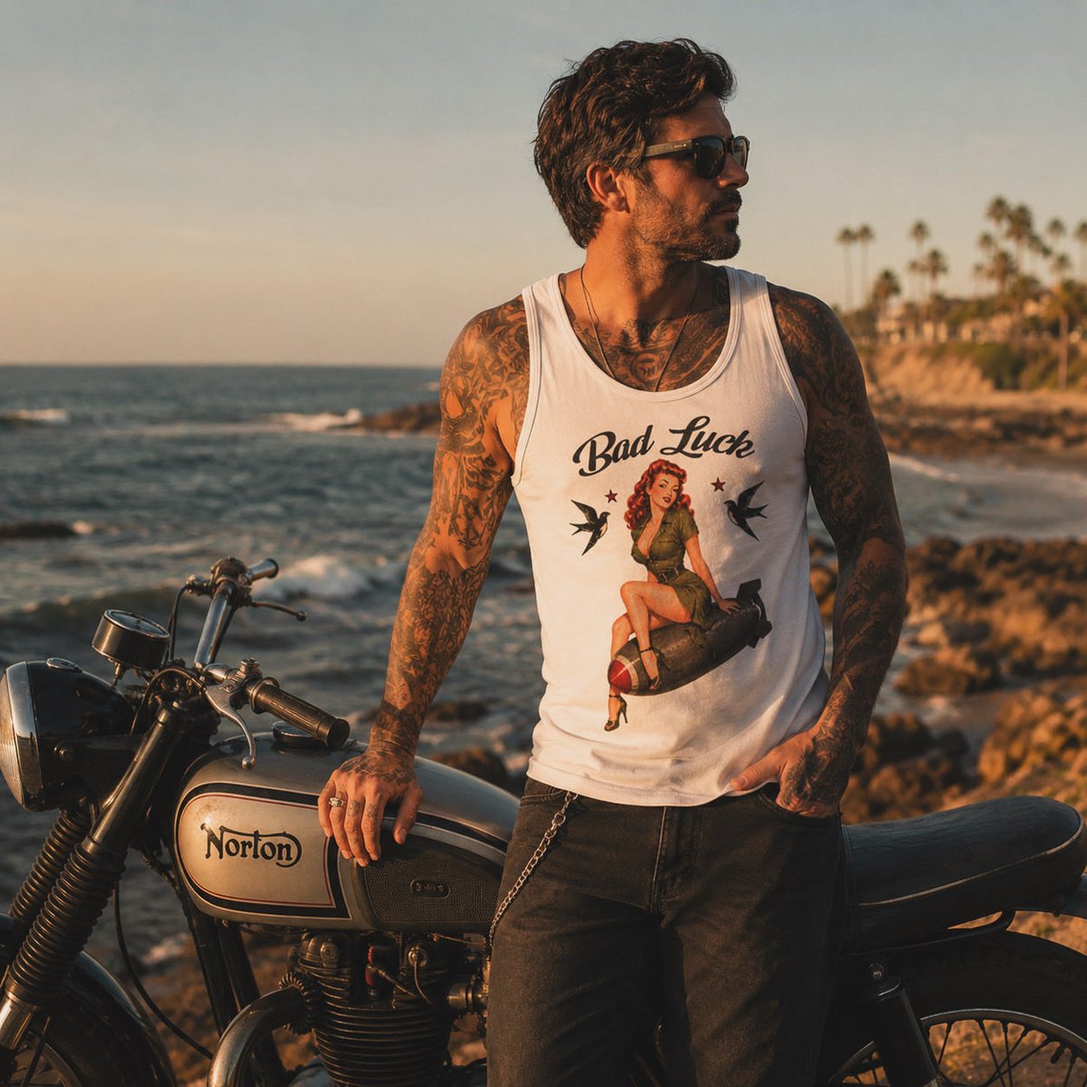 SeasickCo's tweet photo. Some folks carry good luck. Others wear the warning.

Built for long days by the water, late nights around the fire, and anyone who’s never been afraid to make their own luck.

#SeasickClothing #BadLuck #TattooCulture #TankTopSeason #CoastalLifestyle https://t.co/T92vNYZhrS