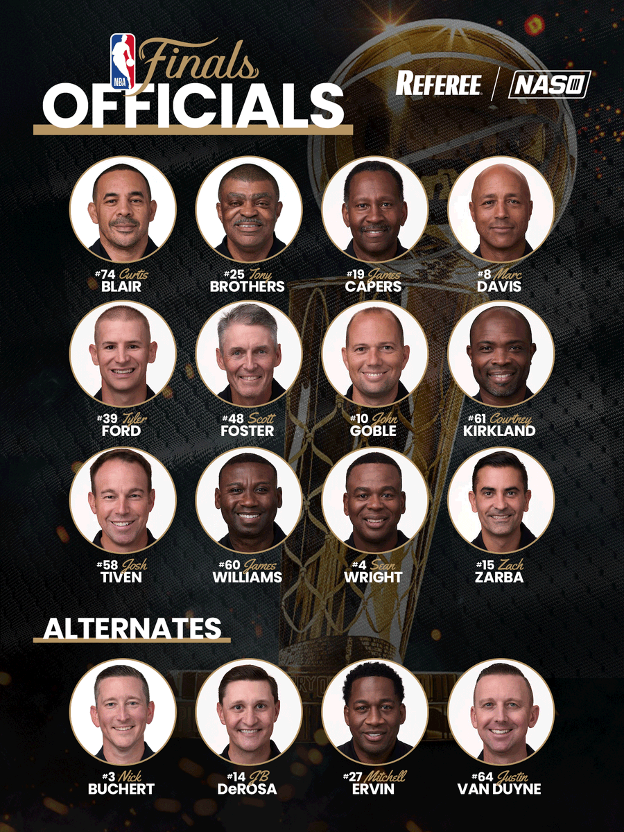 NASOofficiating's tweet photo. Congratulations and best of luck to the outstanding referees chosen to officiate the 2026 NBA Finals starting tonight. They are the team we're rooting for! https://t.co/Ec7W5i7YH5