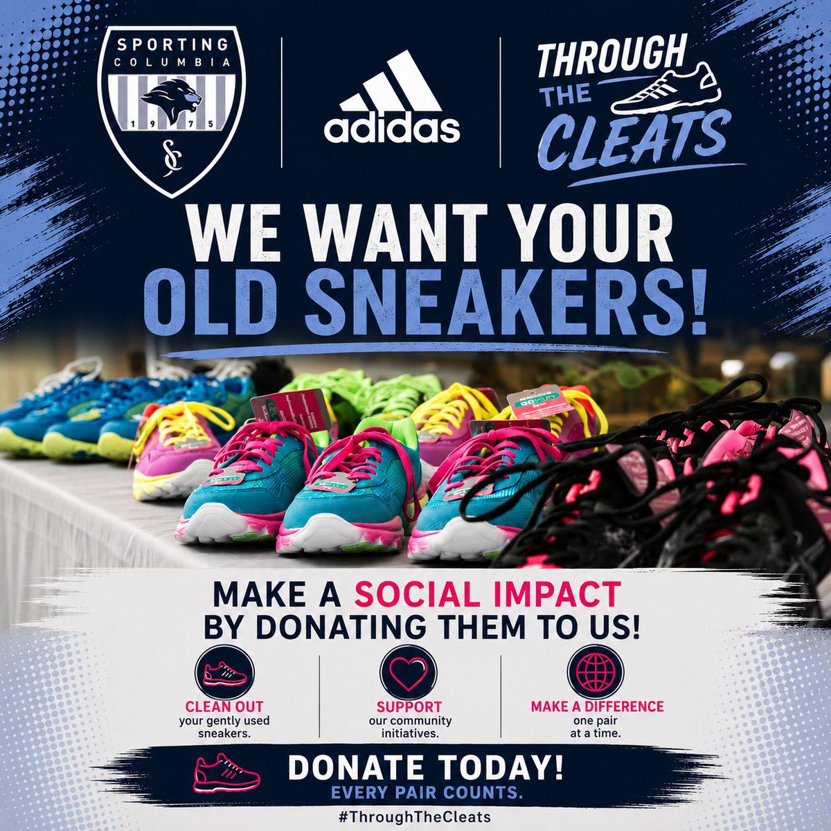 SportingCSC's tweet photo. Week 7️⃣ 👟

Cleaned out your closet lately? Those old shoes still have value!

We're collecting gently worn, used, and new shoes to support Sporting Columbia and keep shoes out of landfills. Sneakers, boots, sandals, dress shoes—we'll take them all!

📣 Share this post https://t.co/WkJqNa4Rxc