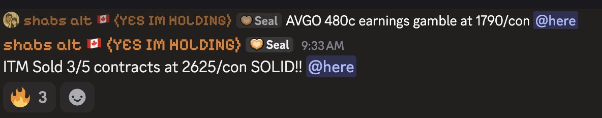 itsrishabh's tweet photo. wow got hella lucky on this sell this morning on $AVGO calls for earnings, 2 cons might be dead https://t.co/pJcRz44E0F