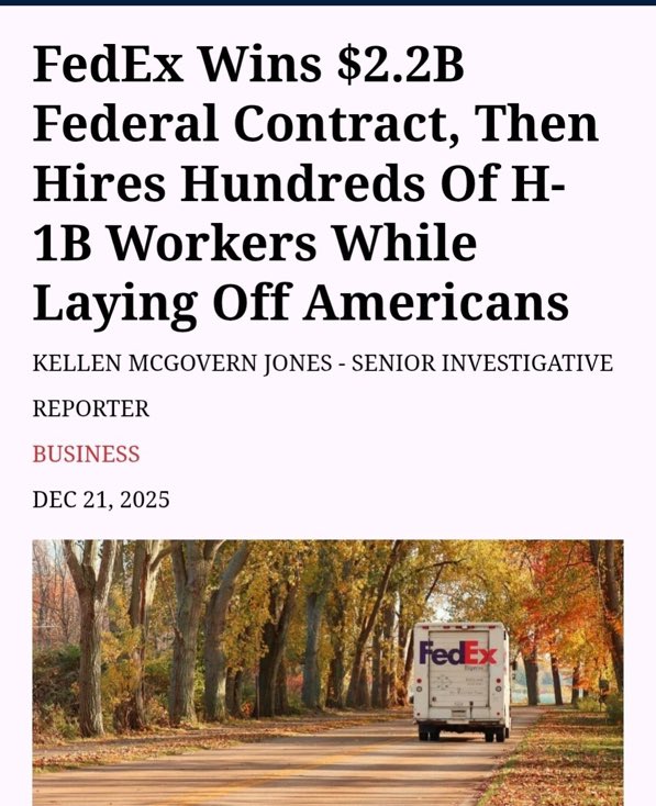 17Anonn's tweet photo. 🚨BREAKING: FedEx wins multibillion-dollar federal delivery contract, uses funds to HIRE foreign workers through the H-1B visa program.

CEO Rajesh "Raj" Subramaniam, who was born in India, is facing backlash for firing Americans to hire foreigners. 

Publicly available immigration data shows a SUBSTANTIAL increase in FedEx’s hiring of foreign workers through the H-1B visa program.

Some of the listed salaries for these positions being filled by non-Americans range from about $100,000 to $115,000.

FOLLOW ME, THE NEXT DROP WILL BE SHOCKING