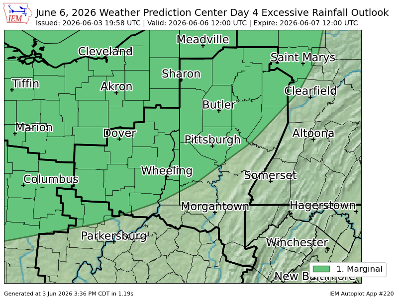 PennWeatherPA's tweet photo. WPC issues Day 4 Marginal Risk Excessive Rainfall Outlook at Jun 3, 19:58z for PBZ https://t.co/SumjMfOCBD https://t.co/N9vbOGD1Lq
