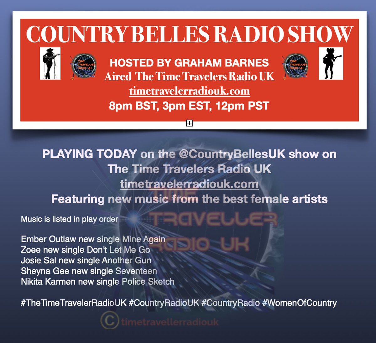 ScottKash88's tweet photo. NOW PLAYING on the @CountryBellesUK show on Time Traveler Radio UK
https://t.co/ZzWiNUhvWv
Featuring new music from the best female artists

#EmberOutlaw
@ZoeeMusic
#JosieSalMusic
@sheynagee
@nikitakarmen

#CountryRadioUK #CountryRadio #WomenOfCountry https://t.co/jP4yT8LiAA