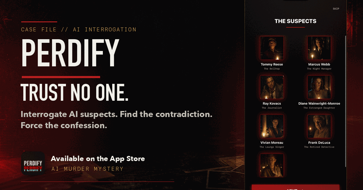 PerdifyGame's tweet photo. Perdify is now live on iOS App Store. Try it out now. Interrogate suspects. Uncover the lie.  https://t.co/AG7VdIA9Di https://t.co/d6mMcYwYJX