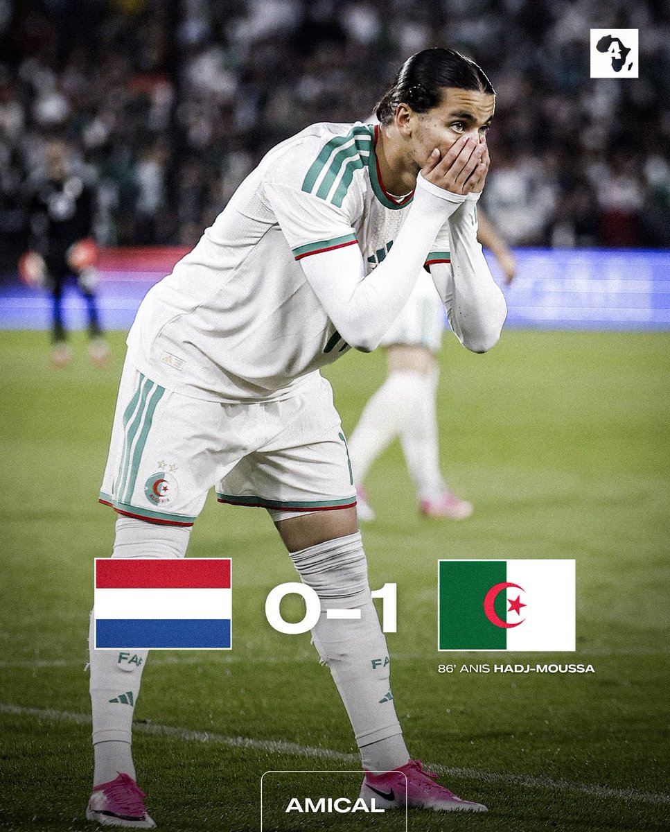 ActuFootAfrique's tweet photo. 🚨 L’ALGÉRIE 🇩🇿 S’IMPOSE AUX PAYS-BAS 🇳🇱 (0-1) ! 🌍🥶🤍 https://t.co/n1prRPwK0T