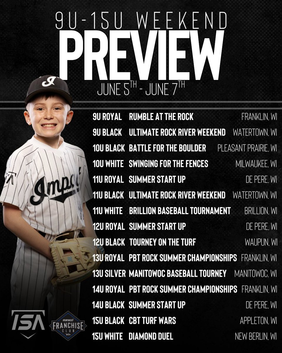 ImpactSportsGB's tweet photo. 🚨9U-15U WEEKEND PREVIEW🚨

June 5th - June 6th:
⚾9U Royal
⚾9U Black
⚾10U Black
⚾10U White
⚾11U Royal
⚾11U Black
⚾11U White
⚾12U Royal
⚾13U Royal
⚾13U Silver
⚾14U Royal
⚾14U Black
⚾15U Black
⚾15U White

View full tournament schedules on our website!

#makeanimpact https://t.co/RvLmvcMMkU