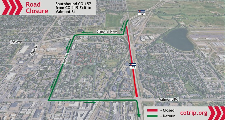 ColoradoDOT's tweet photo. #CDOT #News: Full southbound closure on #CO157 (Foothills Parkway) between #CO119 and Valmont Road continues this weekend. Expect detour routes Friday night through Monday morning.
📰https://t.co/OtfeZyP25G
@bouldercolorado @bouldercounty #KnowBeforeYouGo #SlowfortheConeZone https://t.co/fpTowBxQ0o