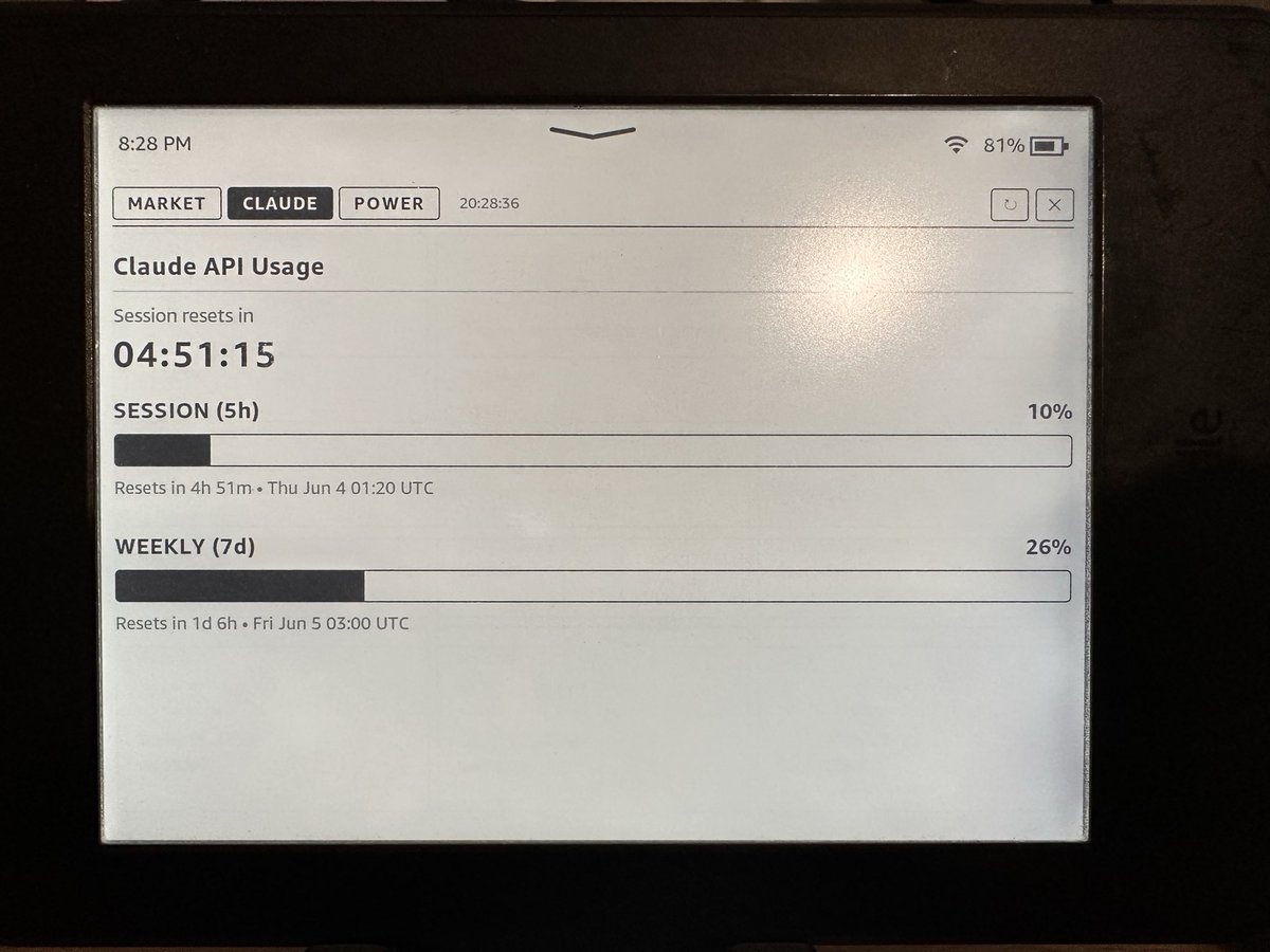 garykwwong's tweet photo. Fun weekend project: turned my 10+ year old Kindle Paperwhite 7th gen into a home dashboard for stock prices, Claude integrations, and IoT stats. It turned out way better than expected! Now thinking about adding my Hermes agent status to it next. ♻️📱 https://t.co/eNSfn6dgpA