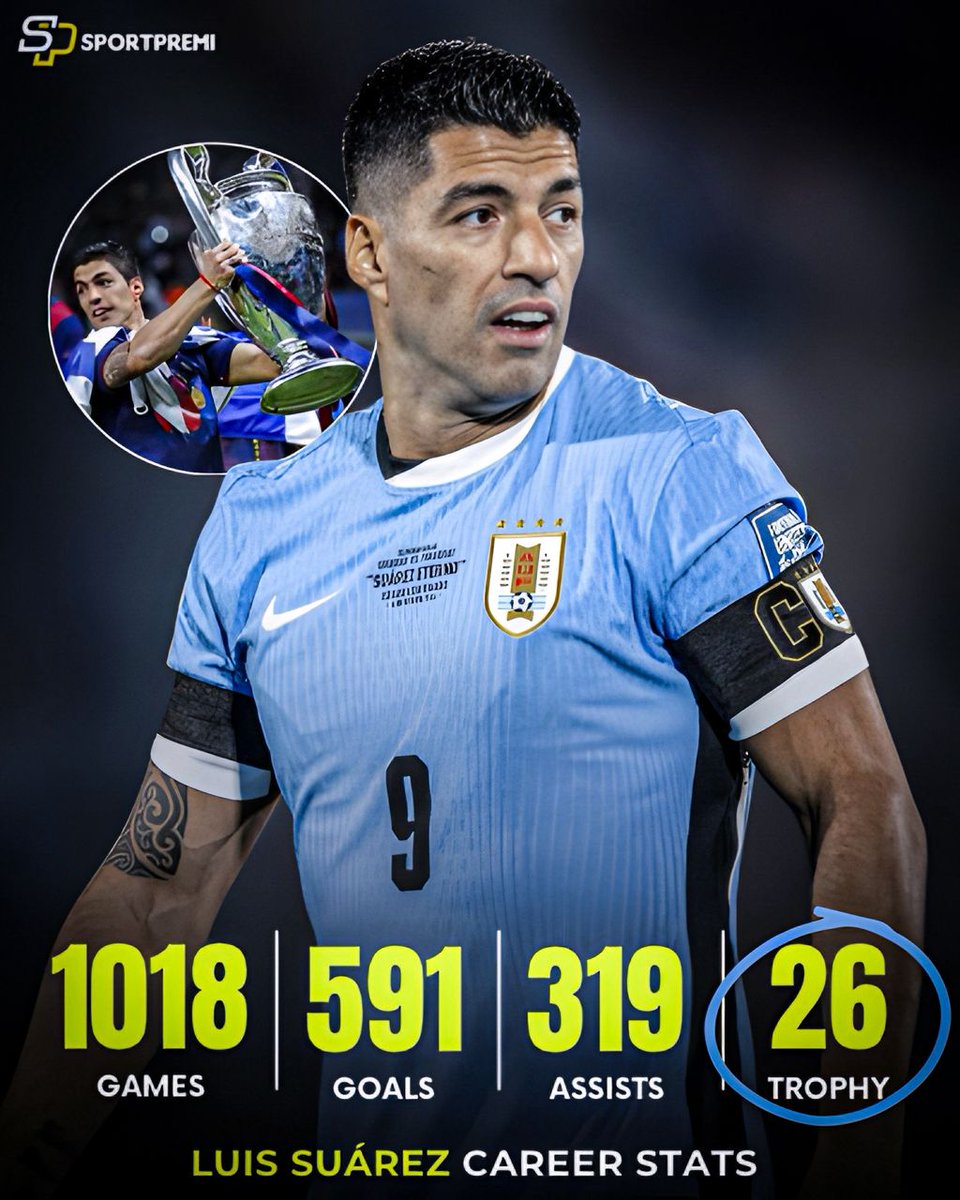 DaveXcity's tweet photo. 🇺🇾 Luis Suárez — Career Stats for Club and Country are so underrated:

🏟️ 1,018 games
⚽️ 591 goals
🎯 319 assists
📊 910 goal contributions

Legend. 🔥 https://t.co/FdrkFqA7pD