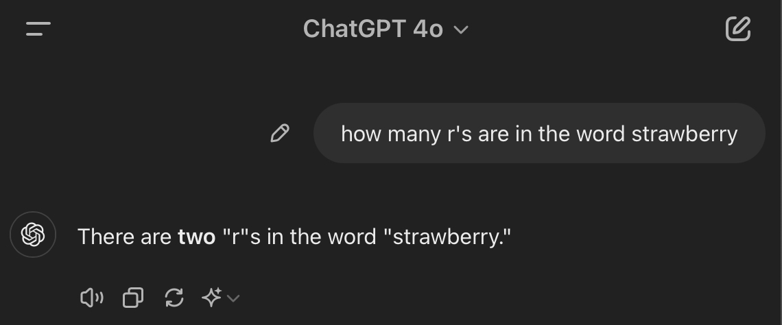 gnapse's tweet photo. @DanielMiessler In the following example, did they predict the tokens for the word "two" because they truly understand the question? Or because it's a statistically plausible word to come next in that sentence, even if it has no hold on reality? https://t.co/WRV8AlMsCT
