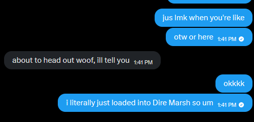 RezMePlease's tweet photo. meeting up w this girl today and i told her i was loading into Dire Marsh and she left me on read guys did i fumble https://t.co/Pcw9Yd83h8