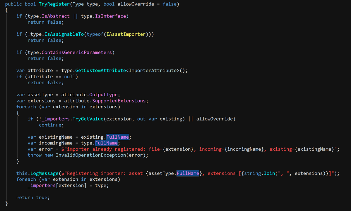 binary_eyes's tweet photo. Registering asset importer types.
#gamedev #indiedev #csharp #code #programming https://t.co/QVGzebex6q