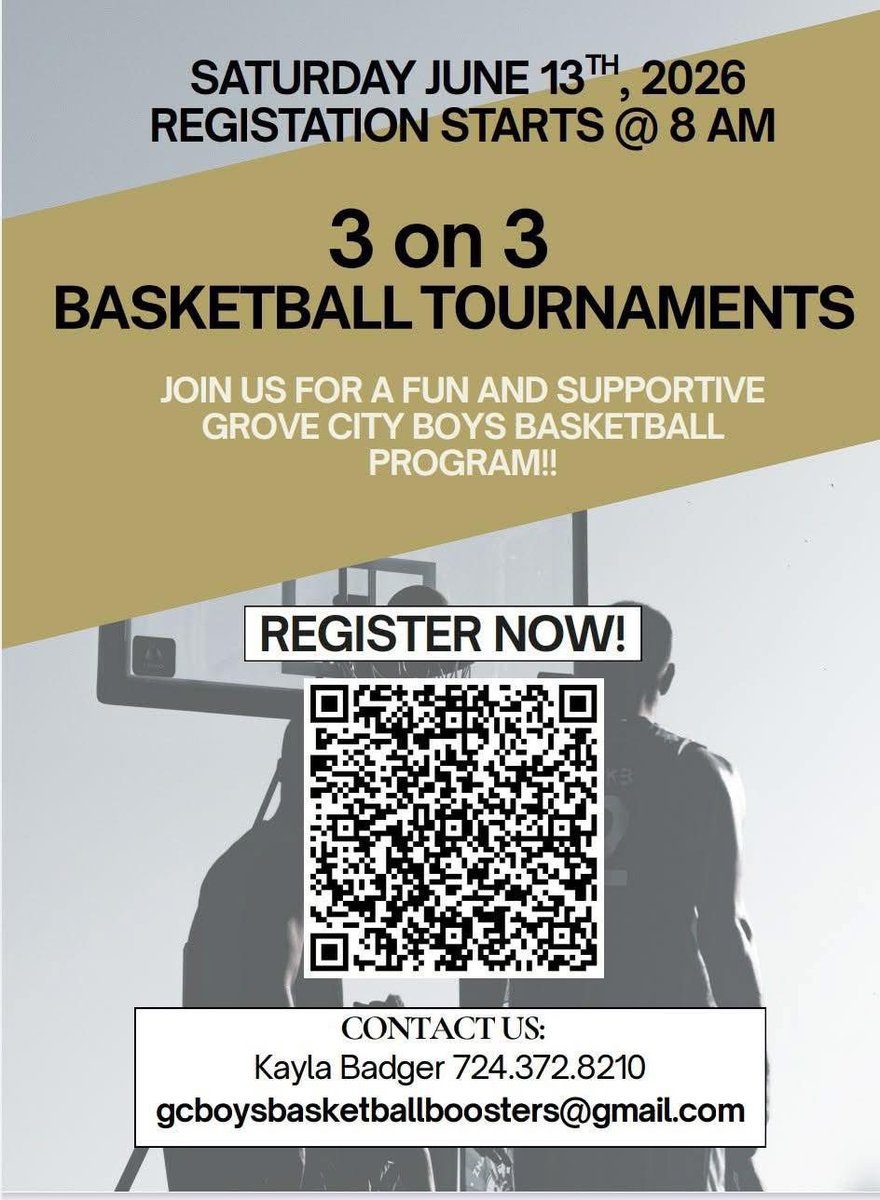 GCFD95's tweet photo. 🏀 Community Event Alert 🏀

3-on-3 Basketball Tournament  
Join the fun on Saturday, June 13th in support of Grove City Boys Basketball!

⏰ Registration starts at 8 AM  
📲 Scan the QR code on the flyer to sign up  

Bring a team and come out for a great day of hoops and community support!